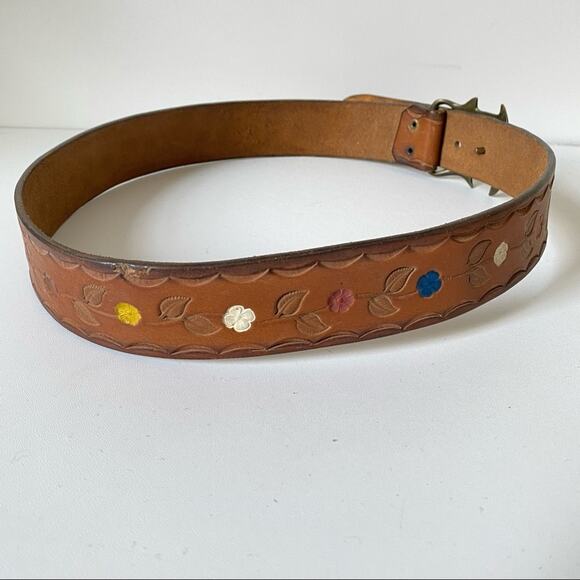 Vintage 1970 Solid Brass Leather Belt with Buckle